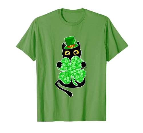 Divertido Gato Negro Sosteniendo Trébol Trébol Día de San Patricio 2026 Camiseta