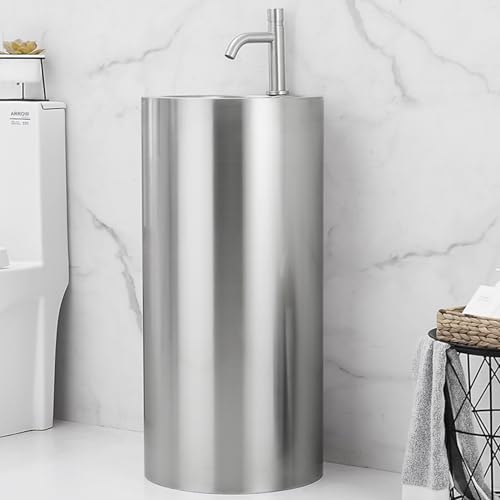 Lavabo Pedestal Fregadero de pedestal independiente de una pieza, fregadero de pedestal de acero inoxidable, fregadero de baño doméstico con combinación de grifo y drenaje, resistente y estable