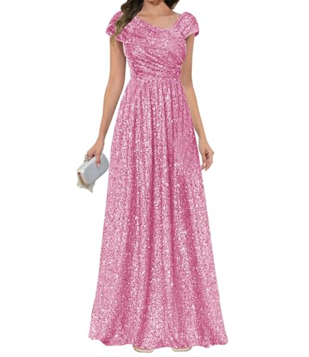 Robe de bal longue scintillante rose en coupe trapèze pour cocktail ZMAH422