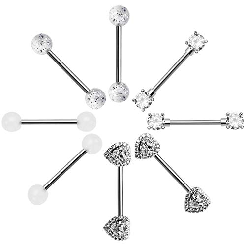 Nasama Stainless Steel Acrylic Nipple Rings Tongue Ring Cz Barbell Heart-Shape Piercing Body Jewelry (6Pair Steel Color) #TOP2