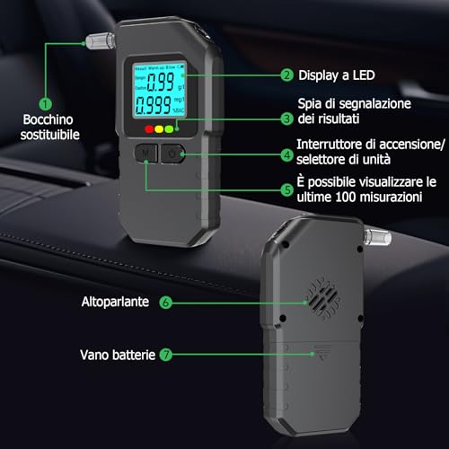 Super Barley Etilometro Portatile Certificato, Professionale Alcol Test, Digitale Etilometro Con Display Schermo Led, Con 20 Bocchette, Per Uso Personale Famiglia E Professionale - 4