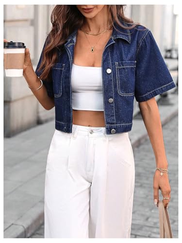 SHENHE Women's Summer Short Sleeve Denim Jacket Button Up Cropped Jean Jacket with Pockets4