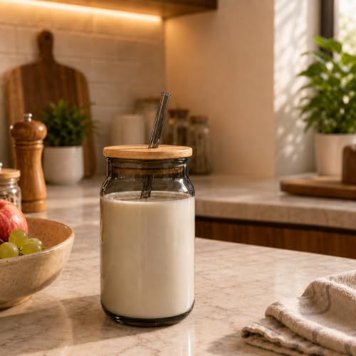 Image of Glass Tumblers with Wooden Lid and Glass Straw, 540ml, Borosilicate Glass, for Coffee, Iced Coffee, Juice and Smoothies, Coffee Mug, Sipper (Grey - Can Shape)
