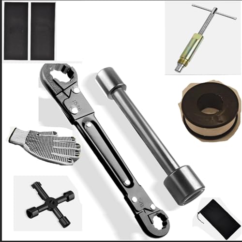 Image of 9 Pcs Plumbing Tools Kit, 1 /2-Inch Compression Sleeve Puller & Angle Stop Wrench, Sandpaper, Gloves, 4-Way Sillcock Wrench, And A Retractable Storage Bag For Use Involving Damage Or Corrosion.