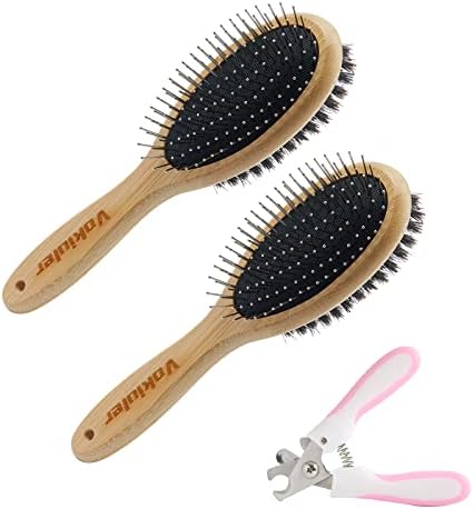 Vokiuler Dog Brush Cat Brush, Double Sided Bristle and Pin Pet Brush for Dog Grooming, Real Boar Bristle Shedding Brush with Bamboo Handle for Long Short Hair, 2 Pack Dog Comb, 1 Nail Clipper