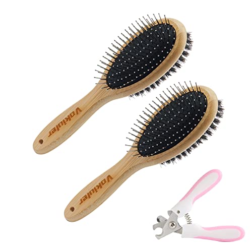 Vokiuler Dog Brush Cat Brush, Double Sided Bristle And Pin Pet Brush For Dog Grooming, Real Boar Bristle Shedding Brush With Bamboo Handle For Long Short Hair, 2 Pack Dog Comb, 1 Nail Clipper #TOP1