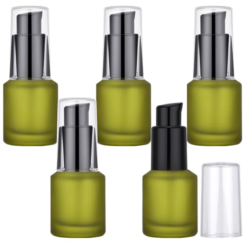 Image of Segbeauty 0.5oz Frosted Glass Travel Size Containers for Lotions, 5pcs Mini Empty Lotion Bottles Pump Dispenser Refillable, 15ml Green Travel Containers for Creams, Small Hair Oil Pump Bottle Liquids