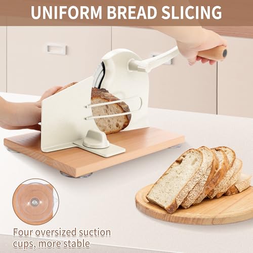 Image of CAWIU Manual Bread Slicer with Hand Crank- Adjustable Thickness Bread Cutter for Even Slices, Perfect for Homemade Sourdough, Sandwich, and More, Cream