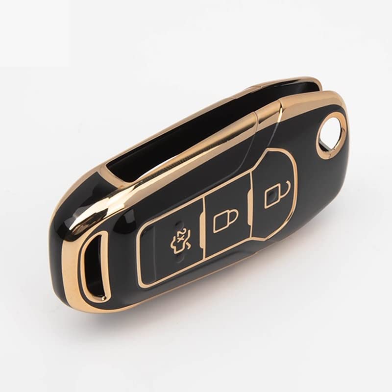 Image of JVCV Gold Border TPU Key Cover Compatible with Ford Endeavour Figo Aspire Freestyle 3 Button Folding Key - Glossy Protective Flip Key Case (Black)