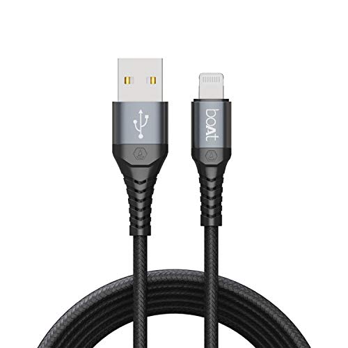 Image of Boat LTG 550V3 Lightning Cable Apple Mfi Certified with Spaceship Grade Aluminium Housing,Stress Resistance, Rapid 2.4A Charging &480Mbps Data Sync, 1M Length & 10000+ Bends Lifespan(Mercurial Black)