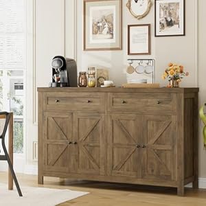 HOSTACK 55 Buffet Sideboard Cabinet with Storage Modern Farmhouse Coffee Bar Cabinet with Drawers and Shelves Barn Doors Storage Cabinet for Kitchen Living Room Rustic Brown