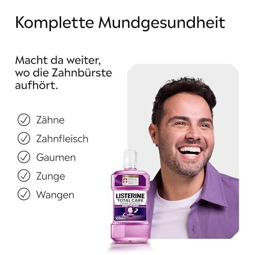 LISTERINE Total Care Zahn-Schutz 500 ml - Testsieger Stiftung Warentest, 6 in 1 Wirkung, 24h frischer Atem, schützt gegen Karies und Zahnfleischprobleme, antibakterielles Mundwasser