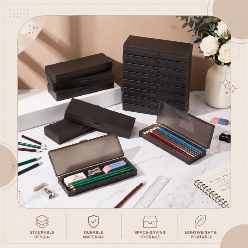 Image of Fainne 80 Pieces Plastic Pencil Boxes Pencil Case Bulk Frosted Clear Multi Colored Pens Holder Stackable Container with Lid & Snap for Back to School Stationery Office Classroom(Black)
