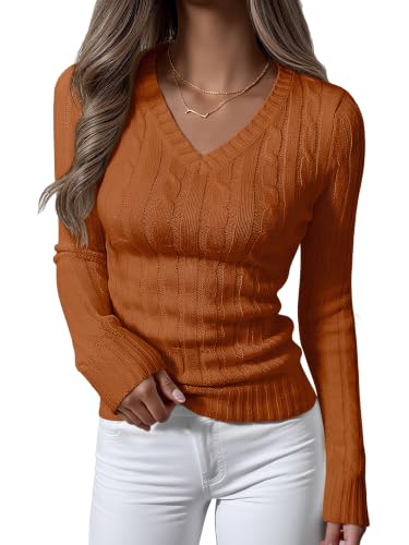 Image of ANRABESS Women's Cable Knit V Neck Fitted Sweaters