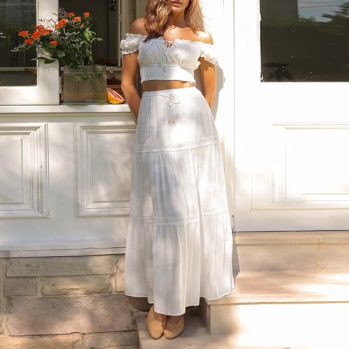 Women’s Two Piece Skirt Sets Summer Off Shoulder Frill Trim Beach Crop Tops and Long Skirt Going Out Outfit4