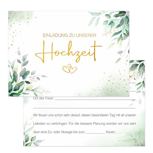 COMOOKA 12x Einladungskarten Hochzeit - DIN-A6 Hochzeitseinladungskarten mit Elegantes Eukalyptus Design - Hochzeitseinladungen Karte Einladung zur Hochzeit