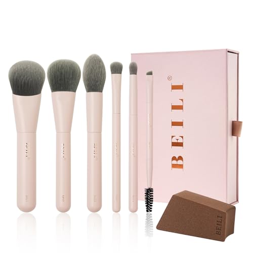 BEILI Mini 6Pcs Makeup Brush Set – Soft Pink, Travel Makeup Brushes for Foundation, Contour, Highlighter &amp; Blending, Includes Sponge and Gift-Ready Box