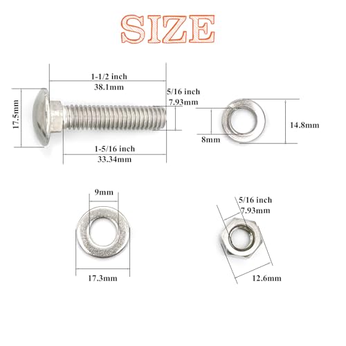 Image of 8 Sets 5 /16 inch-18 x1-1 /2 Carriage Bolts Round Head Square Neck Screws with Hex Nuts Flat Washers Spring Lock Washers 304 Stainless Steel Full Thread Coverage Square Neck Bolts Assortment Kit