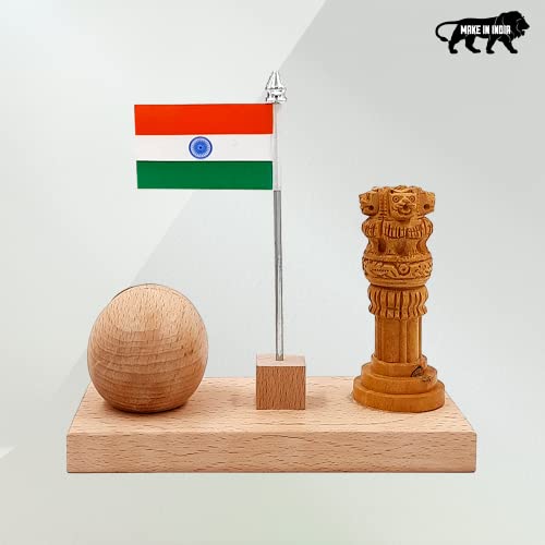 Image of WOOD HOUSE Flag Stand for Office Table, Wooden Flag Stand with Ashoka Pillar & Clock, Wooden Flag Stand with Clock for Office Table Stylish (WH-55)