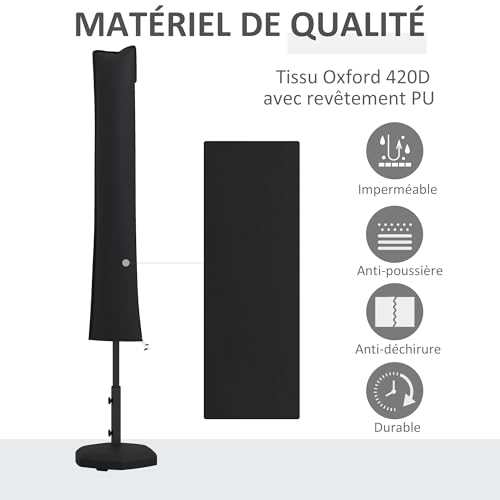 Housse de protection parasol droit noir imperméable bâche zippée de jardin
