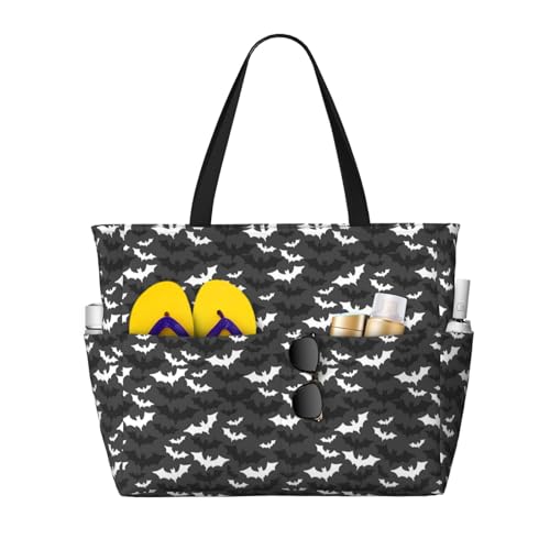Large Beach Bags Water-resistant Sandproof - Halloween Bats grey cool Cute Beach Tote Bags for Women with Zipper