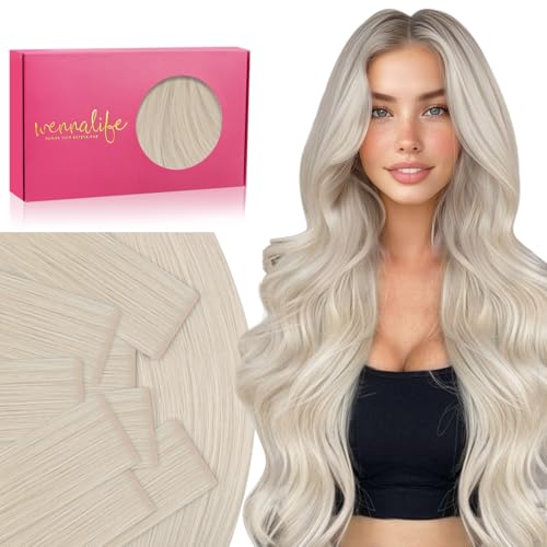 Image of WENNALIFE Invisi Edge Tape in Hair Extensions Human Hair,#60A,20 Inch | 20 Inch 50g 20pcs Platinum Blonde Invisi Remy Hair tensions Natural Seamless Injected Tape Ins Straight
