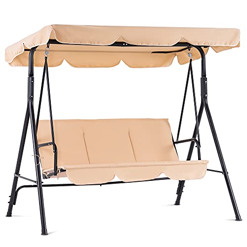 Mcombo 3-Person Outdoor Patio Swing Chair, Convertible Canopy Hanging Swing Glider Lounge Chair, Removable Cushions, 4003 (Beige)