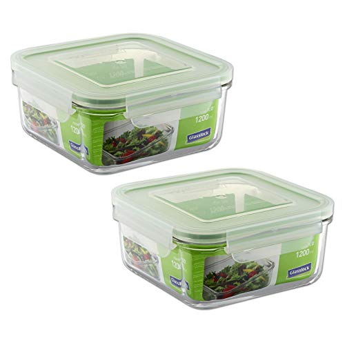 GlassFood - Juego de 2 Contenedores Cuadrados Glasslock 100% Herméticos en Vidrio Sódico-Cálcico Templado de Alta Dureza, Ecológico y Reciclable. Capacidad 2 x 1200ml