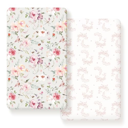 Image of Fitted Crib Sheets Set 2 Pack, Ultra Soft Stretch Jersey Knit Crib Sheet Fit All Standard Crib Mattress Pads Safe and Snug, Crib Fitted Sheet for Baby, Beautiful Flowers and Insects Pattern
