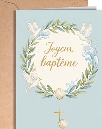 Carte de Baptême - Carte de Félicitations pour Baptême Fille ou Garçon - Cartes de Vœux Religieuse avec Enveloppe - Cadeau de Cérémonie de Parrain, Marraine, Maman, Papa ou Famille - EU 288