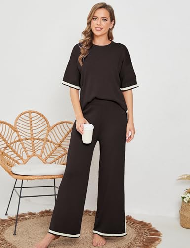 Image of Tanming Sweater Sets Women 2 Piece Lounge Sets Short Sleeve Knit Pullover Tops Wide Leg Pants
