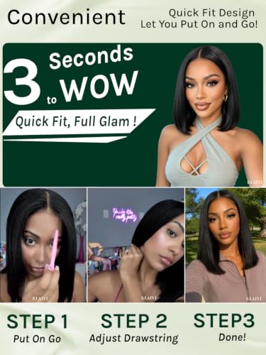 Image of KLAIYI Yaki Straight Bob Wig Human Hair Glueless Precut 7x5 Lace Wig 14Inch | Bye Bye Slip Drawstring 180% Density Pre Plucked Bleached Knots Pre Eeverything Lace Front Wigs 30S Ready to Wear and Go Wig