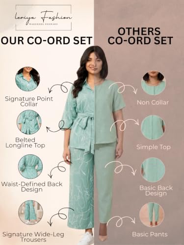 Image of Leriya Fashion Women's Rayon Co Ord Set For Women Stylish Abstract Printed | Regular Fit Shirt Top & Wide Leg Pants | Stylish Casual, Party & Vacation Wear Two Piece Outfit