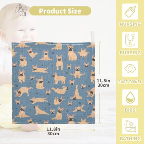 Image of vvfelixl Baby Cotton Washcloths French Bulldog Pug Infants Bath Towel for Unisex Puppy Face Towels for Newborn, Natural Baby Wipes Delicate Skin, 11.8 X 11.8 inch, one sizex3