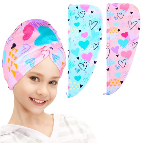 Image of FIOBEE Microfiber Hair Towel Wrap for Kid Girls Rapid Drying Hair Turbans | Absorbent & Soft Hair Wrap Towel, Easy Wear On With Button, For Girls Women Long Curly Hair, Turbie Twist Hair Towels