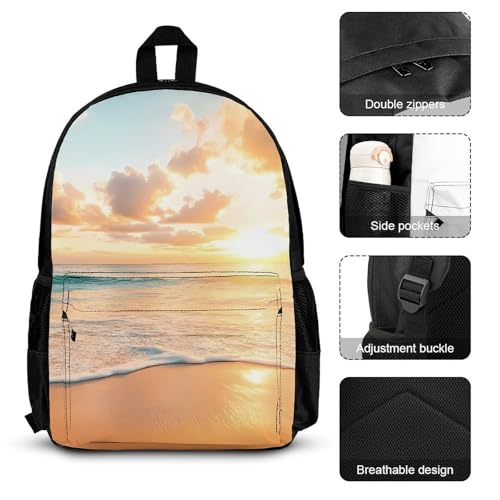 Beach Sunrise Over Sea Backpack 3 Set with Lunch Bag Insulated Shoulder Meal Tote Bags Pencil Case Box Casual Daypack3