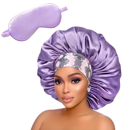 Silk Press Hair Products for Black Women, Satin Bonnet for Women, Silk Bonnet for Curly Hair & Sleeping, (Lavender) (US, Alpha, One Size, Large, Lavender)