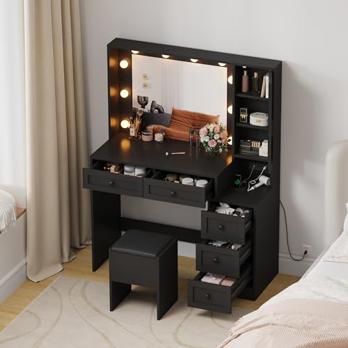 GarveeHome Makeup Vanity Desk and Stool, Vanity Desk with Lights & Charging Station, Drawers and Hidden Storage Shelves