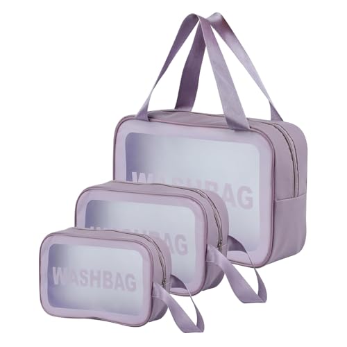 Image of Gritty Wash Bag Pouch for Travel Kit Toiletry Bag Cosmetic Bag Make Up Box for Brushes, Accessories with Handle, Large Capacity Translucent Waterproof Travel Storage Organizer Set of 3(Purple)