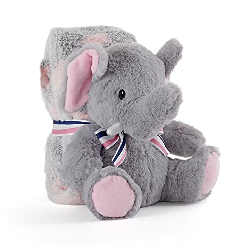 PERLETTI Couverture Bebe avec Animal en Peluche Douce - Plaid Gris Rose avec Doudou Éléphant Petit Enfant 0 1 2 3 Ans - Cadeau de Naissance Bebe Fille Garcon...
