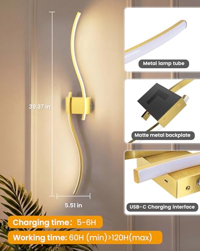 Image of NIORSUN 39.4 Inch Battery Operated Wall Sconce Set of 2, Gold Modern Rechargeable Wall Lights with Remote, 3CCT Dimmable Wireless Wall Lamp for Living Room Bedroom Hallway
