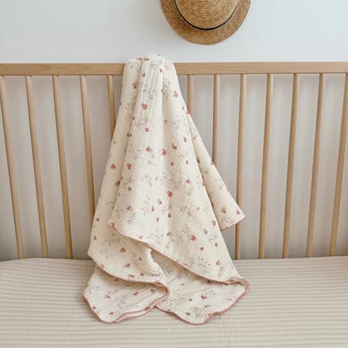 Image of BuLuTu Baby Blankets for Girls Soft Lightweight Muslin Cotton Toddler Blanket Baby Quilts 2 Layer Gauze Cotton Nursery Blankets Crib Quilt,Bunny Pattern,47"x51"