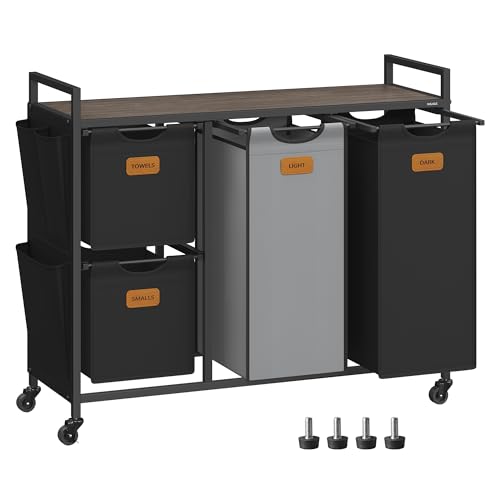 VASAGLE Wäschekorb, Wäschesammler, Wäschesortierer, Rollen, Wäschewagen...
