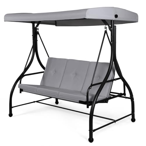 COSTWAY 3 Seater Garden Swing Chair Convertible Outdoor Hammock Bench Chair with Adjustable Canopy and Cushions Steel Frame Porch Patio Swing Seat Lounger for Balcony Deck and Poolside (Grey)