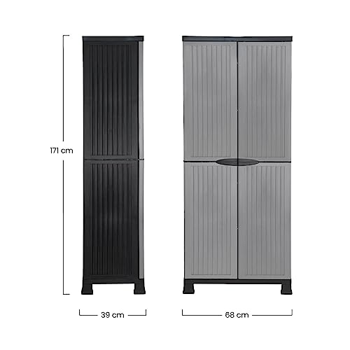 THINIA HOME - Armario de Resina Alto Almacenaje Escobero, Exterior e Interior, Jardín y Terraza, 4 Baldas, 2 Puertas, 60kg Carga Máxima, Dimensiones 39x68x171cm (Largo x Ancho x Alto), Gris o Negro - imagen 3