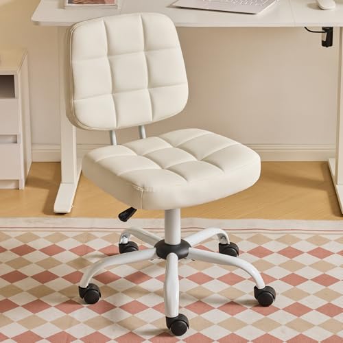 Bonnlo Silla de Escritorio Ergonómica, Silla de Maquillaje con Ruedas Giratorias 360°, Altura Ajustable, Diseño sin Brazos para Oficina, Estudio y Trabajo en Casa, Blanco