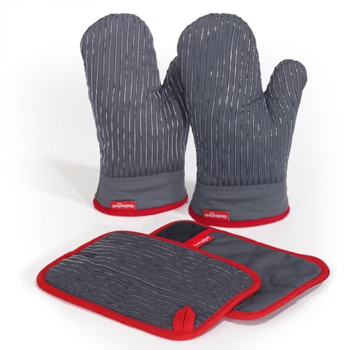 Oven Mitts and Pot Holders Set Hot Pads for Kitchen Cooking Grill 500 Heat Resistant Oven Mit Pure Cotton and Terrycloth Lining Heavy Duty Thick Oven Gloves Grey 4 Piece Set