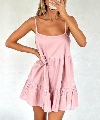 Image of Babydoll Dress for Women Spaghetti Strap Swing Dresses Sleeveless Short Flowy Dress Summer Loose Sundress