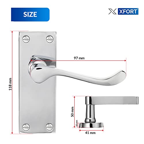 XFORT Chrome Elegance Range Polished Chrome Victorian Scroll Lever Latch Handles, Polished Chrome Backplate Door Handles, Contemporary Design for Internal Wooden Doors (1 Pair)