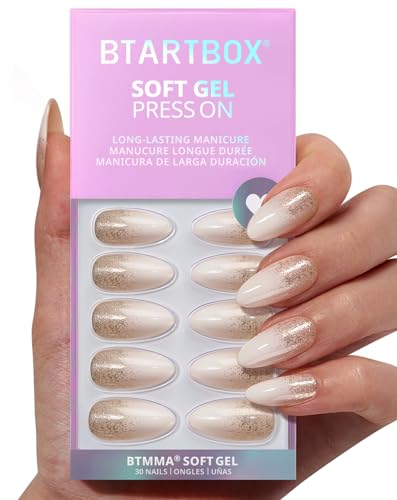 BTArtbox Press On Nails Almond - Champagne Frost, Medium Sparkle Press On Nails with Glue and Adhesive Tabs for Women in 15 Sizes - 30 Soft Gel Glue On Nails Kit